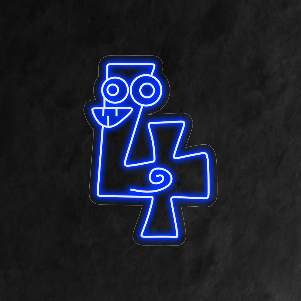 "4th Birthday Neon Sign" har ett komiskt och tecknat nummer 4 med underhållande ögon och tänder, vilket lägger till ett roligt inslag till ett barns fjärde födelsedagsfirande.