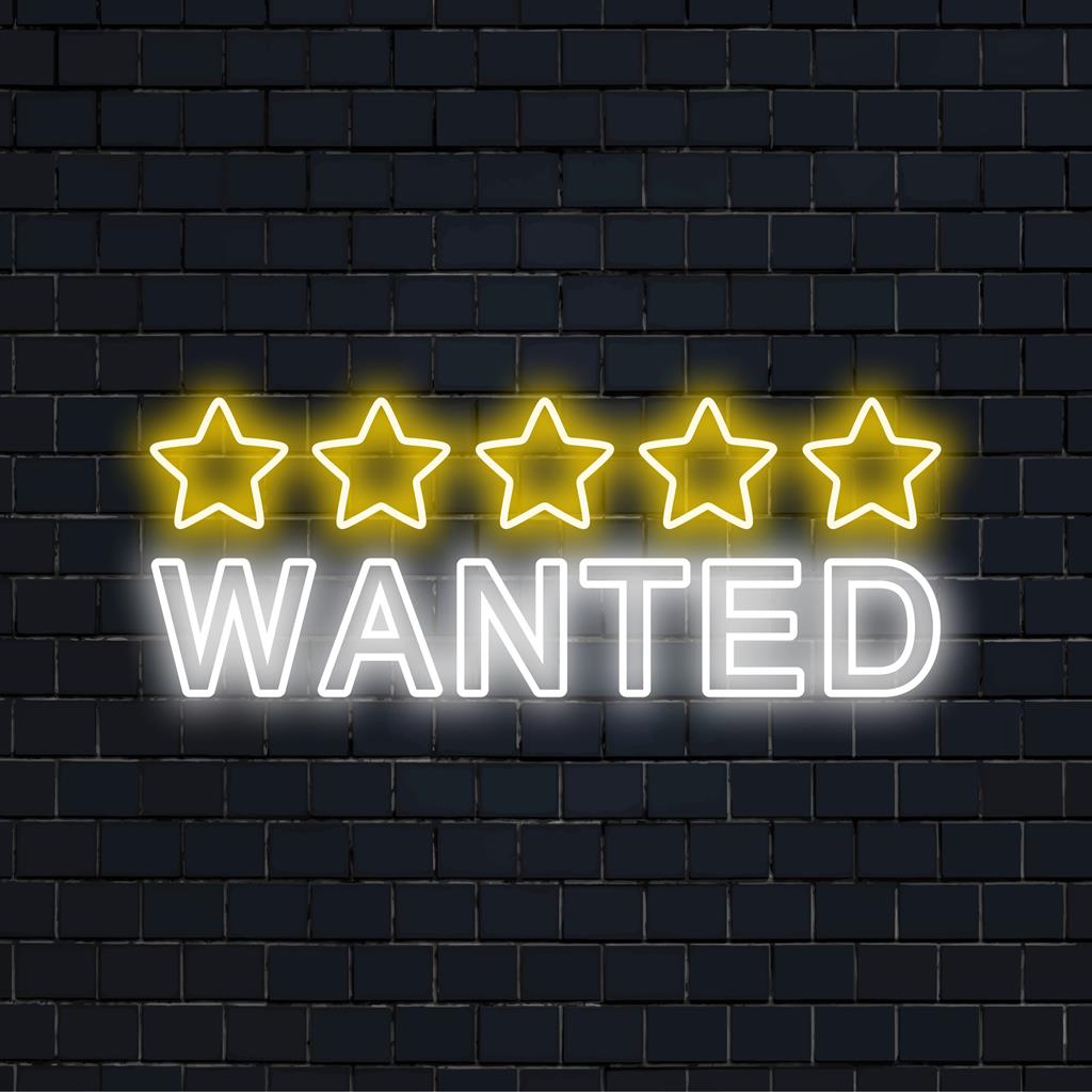 Livlig anpassad LED-neonskylt som visar "5 Stars Wanted" med feta bokstäver, perfekt för iögonfallande neondekor.