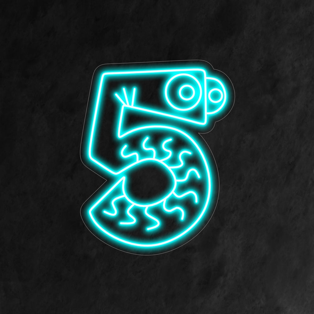 "5th Birthday Neon Sign" har en tecknad nummer 5 med charmiga ögon, vilket ger en lekfull touch till ett barns femårsfirande.