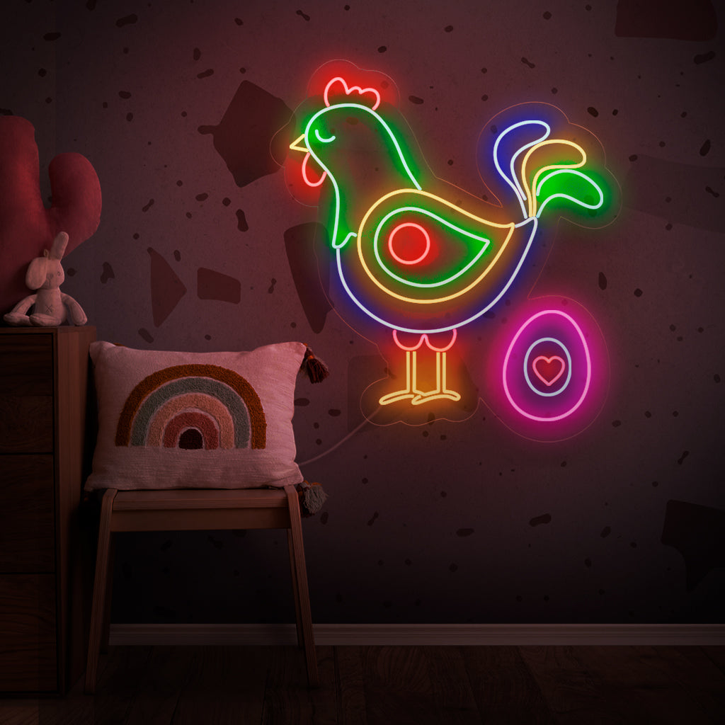 "Abstract Chicken And Egg Neon Sign" - Ett lekfullt neonljus med en abstrakt skildring av en kyckling och ett ägg som ingjuter humor och modern charm i ditt vardagsrum.