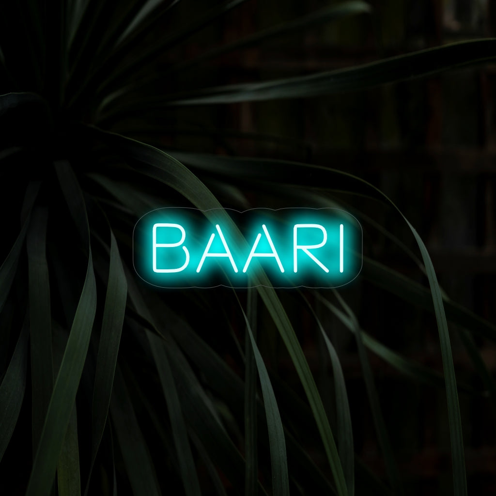 "Baari Neon Sign" - A lively neon light featuring the Finnish word "Baari," infusing energy and flair into your bar or pub.