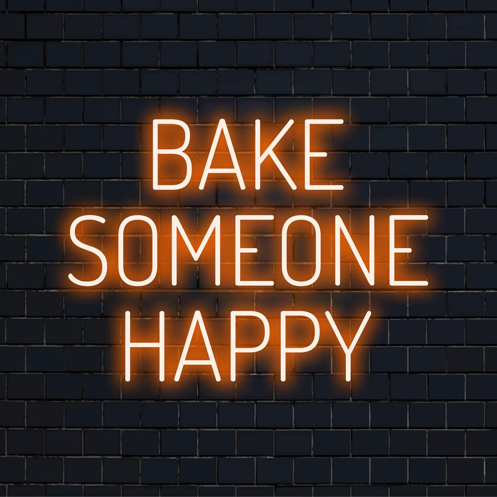 Anpassad handgjord LED-neonskylt som säger Bake Someone Happy perfekt för köksinredning och upplyftande atmosfär.