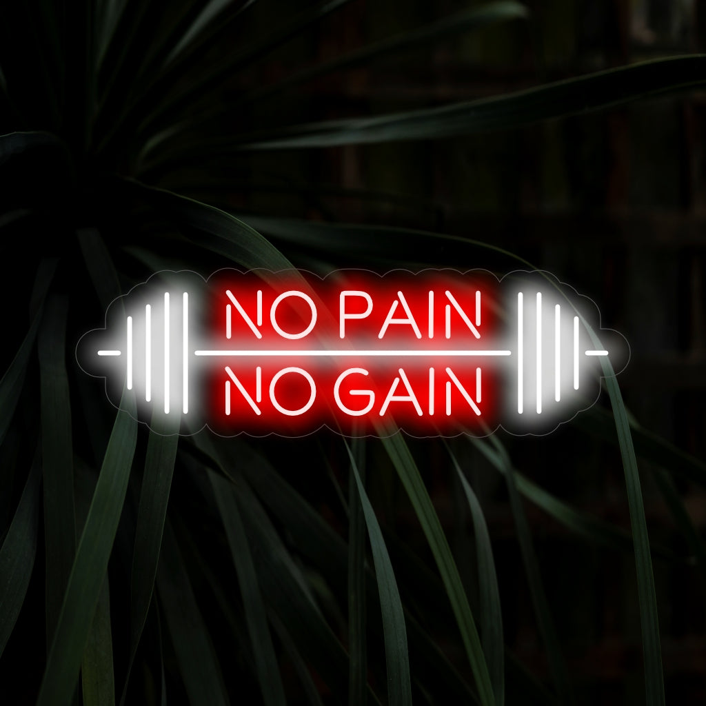 "Barbell and No Pain - No Gain Neon Sign" - Ett motiverande neonljus med en skivstång och den bemyndigande frasen "No Pain - No Gain", som ingjuter motivation och beslutsamhet i ditt träningsrum eller gym.