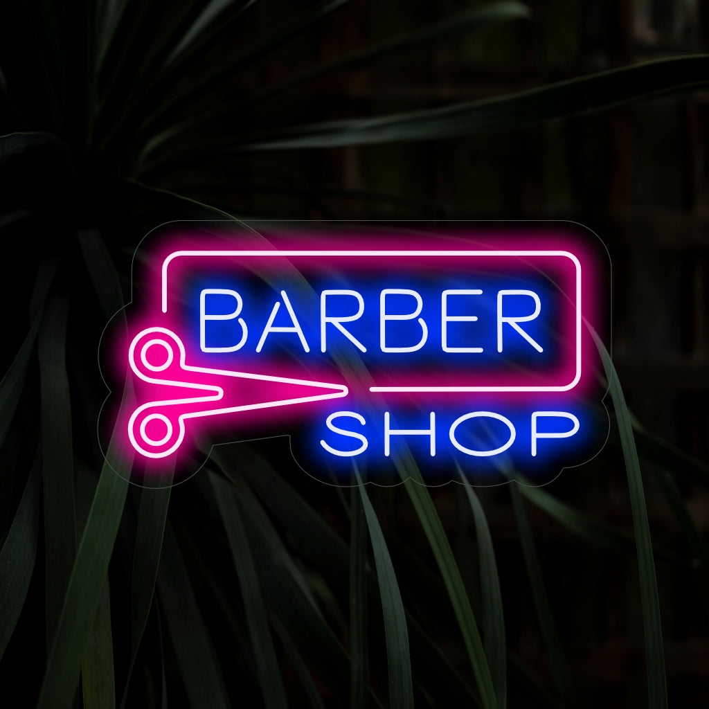 "Barber Shop Neon Sign" - Ett klassiskt neonljus med orden "Barber Shop", vilket skapar en tidlös och stilfull atmosfär i din frisörsalong.