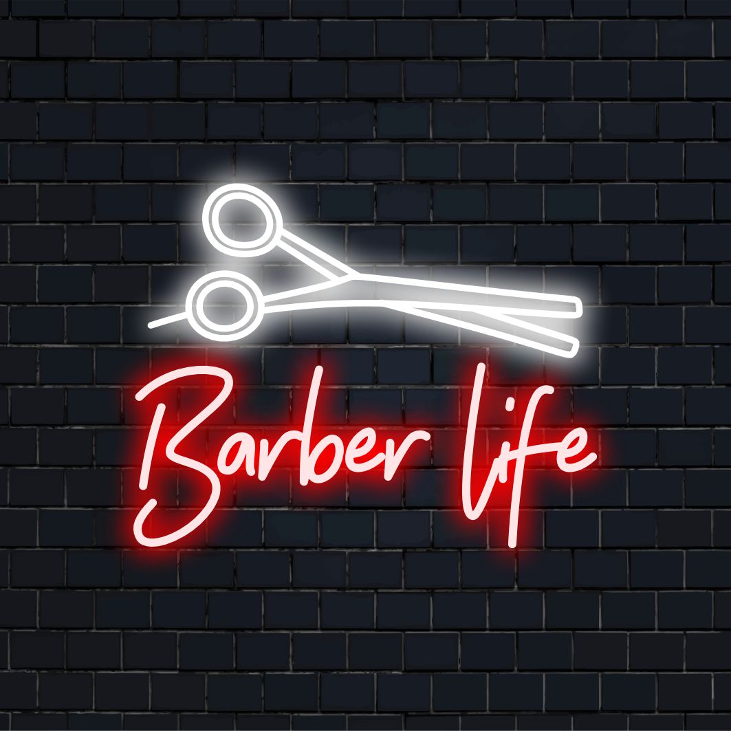 Custom Barber Life LED Neonskylt med skarpa linjer och klassisk design, perfekt neonljusdekor för frisersalonger.