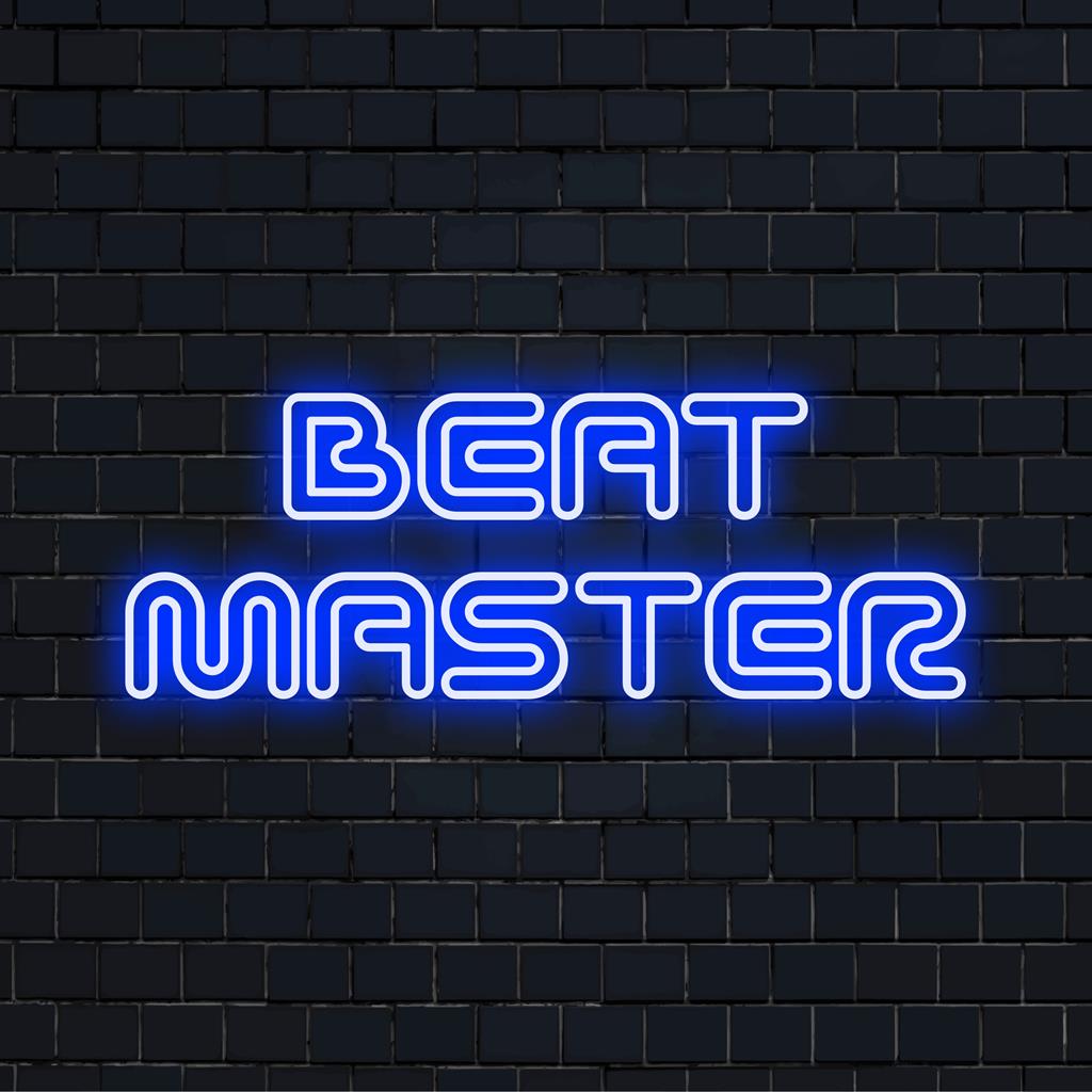 Levande LED-neonskylt som visar "Beat Master", perfekt som unik neondekor, blandar konst och stil sömlöst.