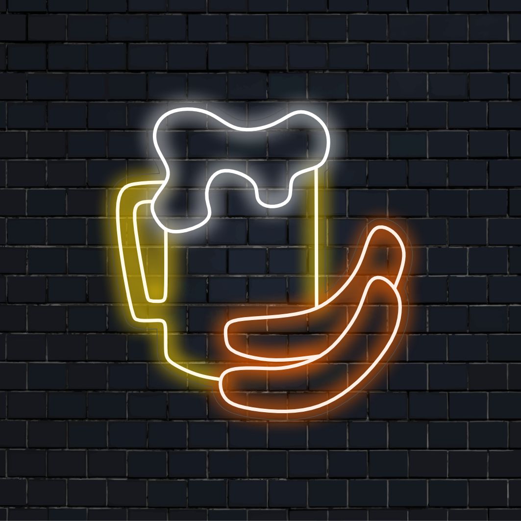 "Beer and Sausage Neon Sign" - Ett livligt neonljus med symbolerna för öl och korv, som ingjuter gemytlighet och en kärlek till goda stunder i din pub eller ölträdgård.