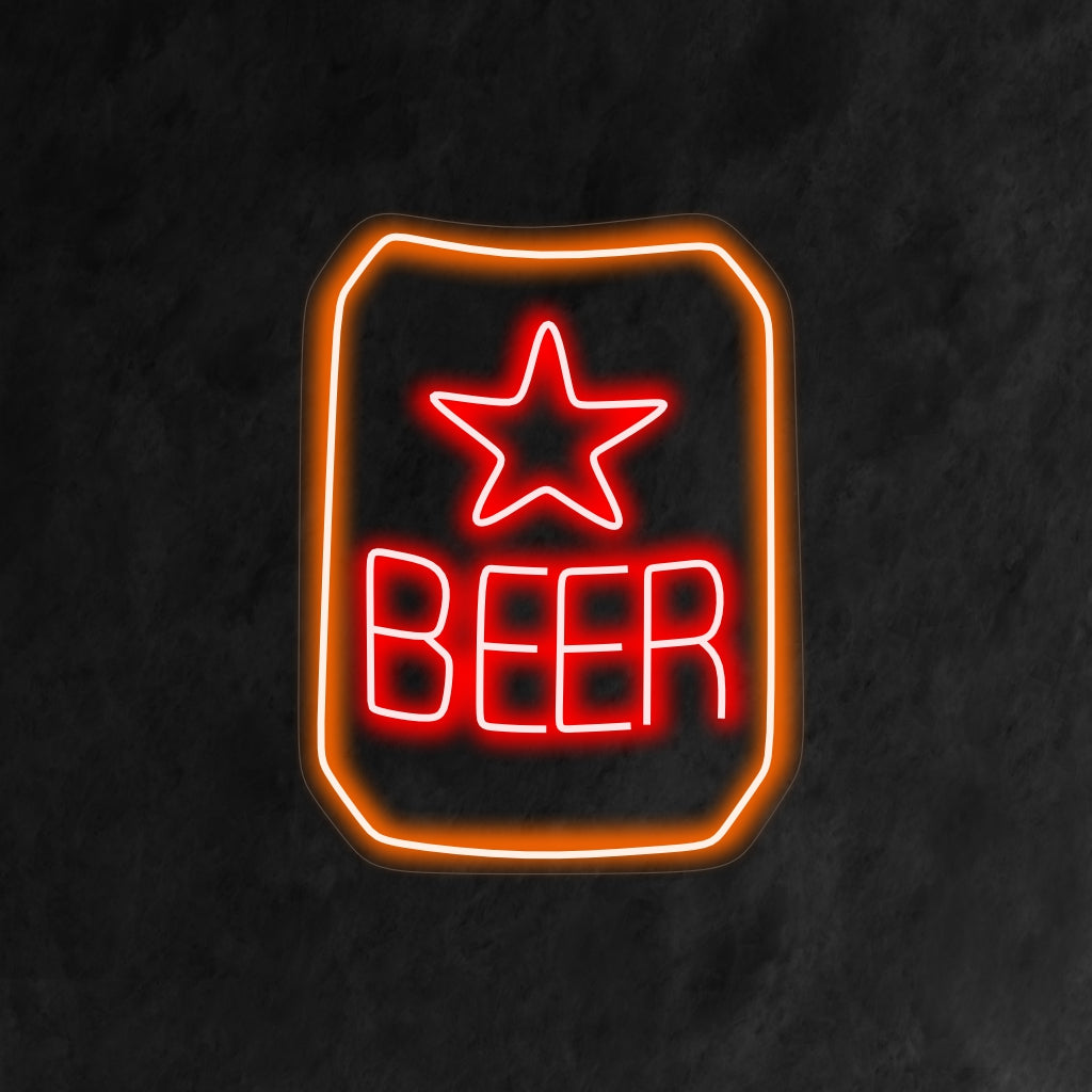 "Beer Brand With Star Neon Sign" är ett märkesvaror och stilfullt tillskott till din barinteriör. Ett neonljus som visar upp ett populärt ölmärke med en stjärna.