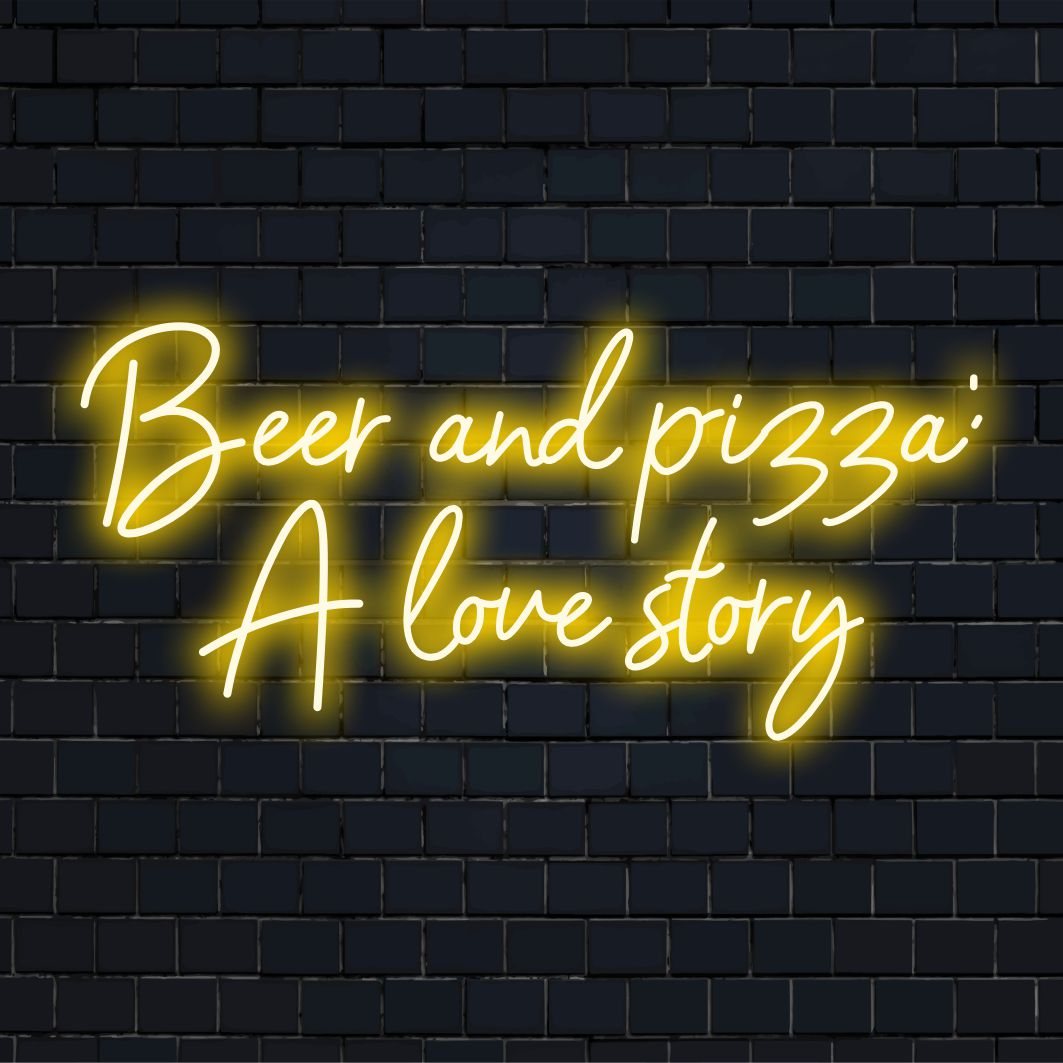 Anpassad LED neonskylt med Beer And Pizza A Love Story glödande design för personlig neonväggdekoration.
