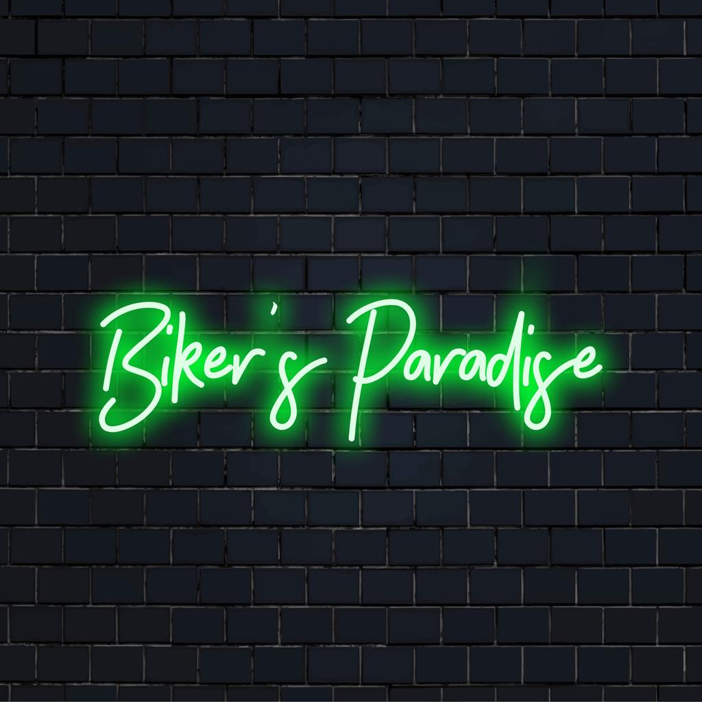 Custom Biker's Paradise LED neonskylt, slående upplyst dekor perfekt för alla utrymmen; en unik touch för motorcykelentusiaster.