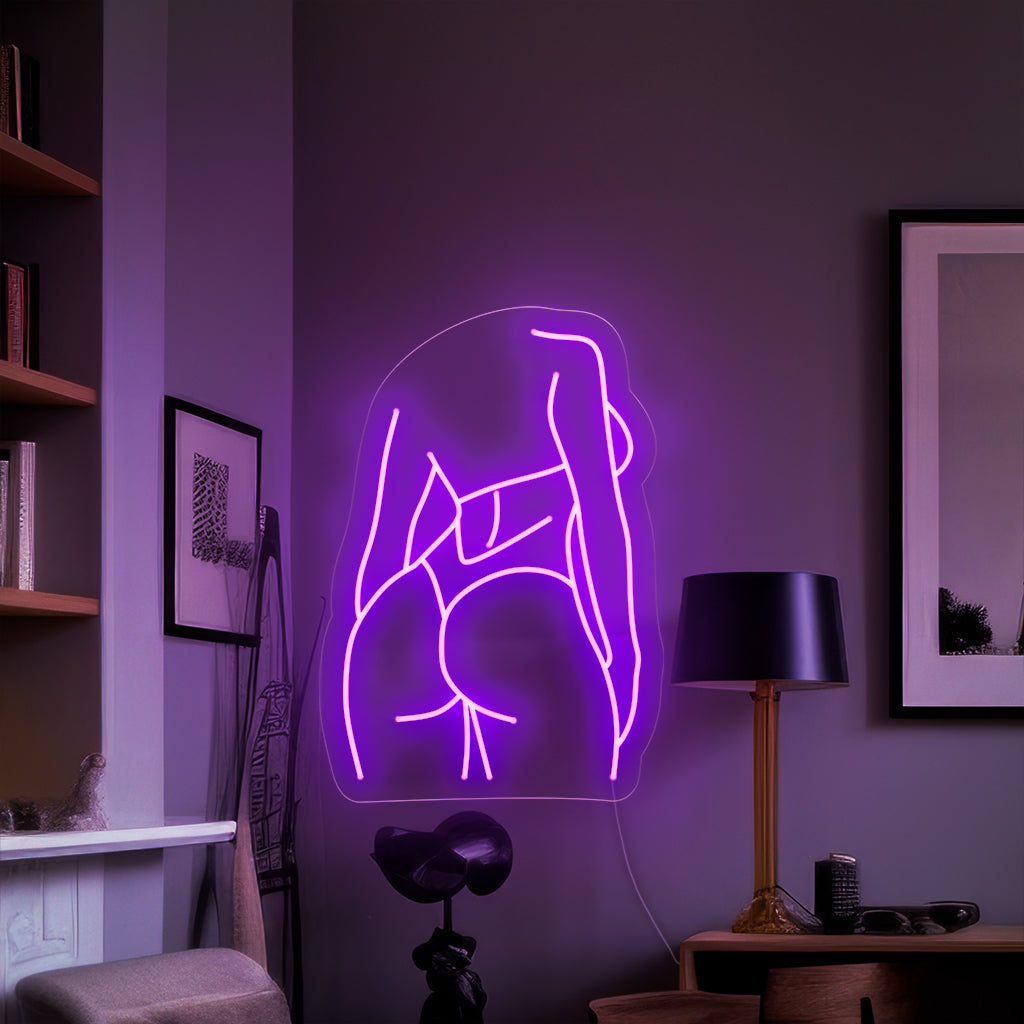 "Bikini Girl Back Body Neon Sign" - Ett kvavt neonljus med silhuetten av en bikini-klädd tjejs rygg, som ingjuter lockelse och charm i ditt vardagsrum.