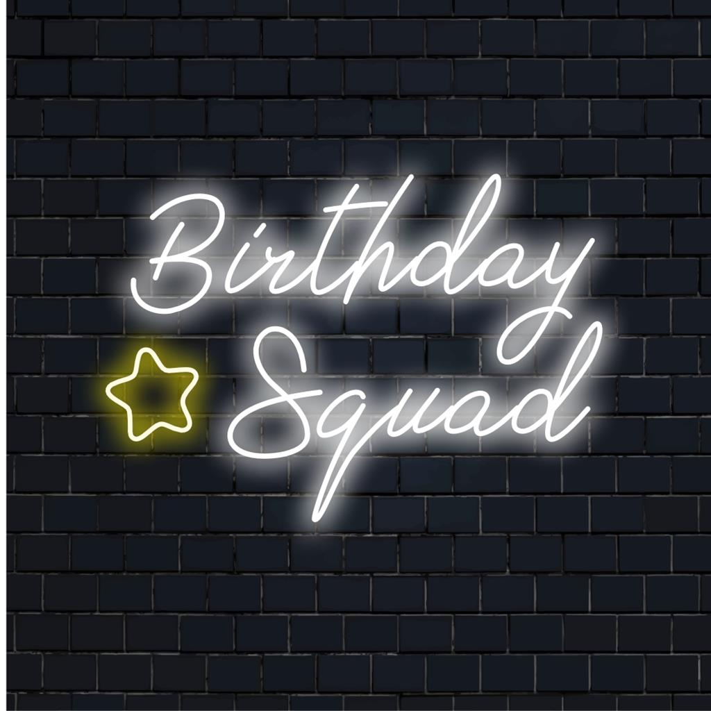 Birthday Squad Neonskylt: Skräddarsydd LED-design med levande textkonst, perfekt för neonljusinredning och fester.
