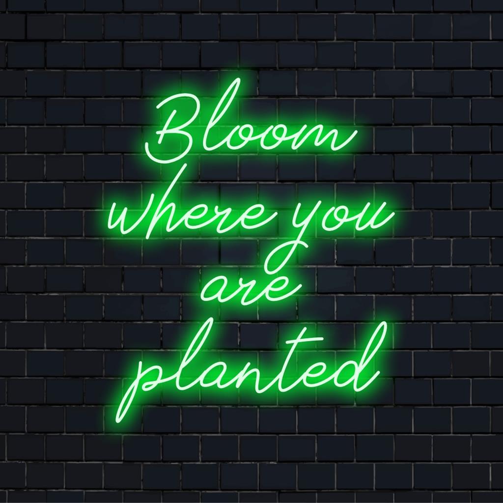 Vibrant Bloom Where You Are Planted LED neonskylt; perfekt blandning av text och grafik, lysande neonkonst för alla utrymmen.