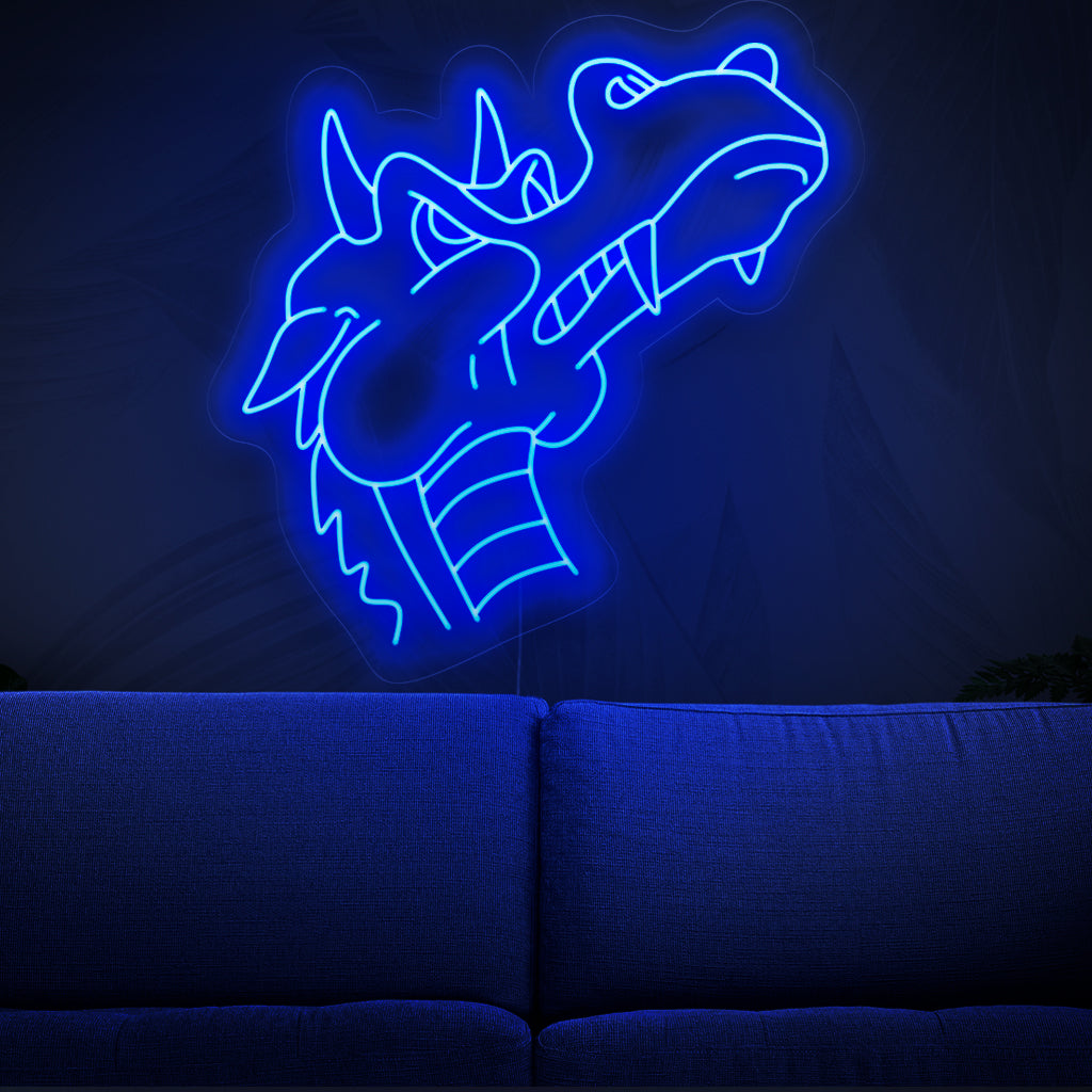 "Blue Dragon Neon Sign" - Ett mystiskt neonljus med silhuetten av en majestätisk blå drake, som ingjuter förtrollning och fantasi i ditt vardagsrum.