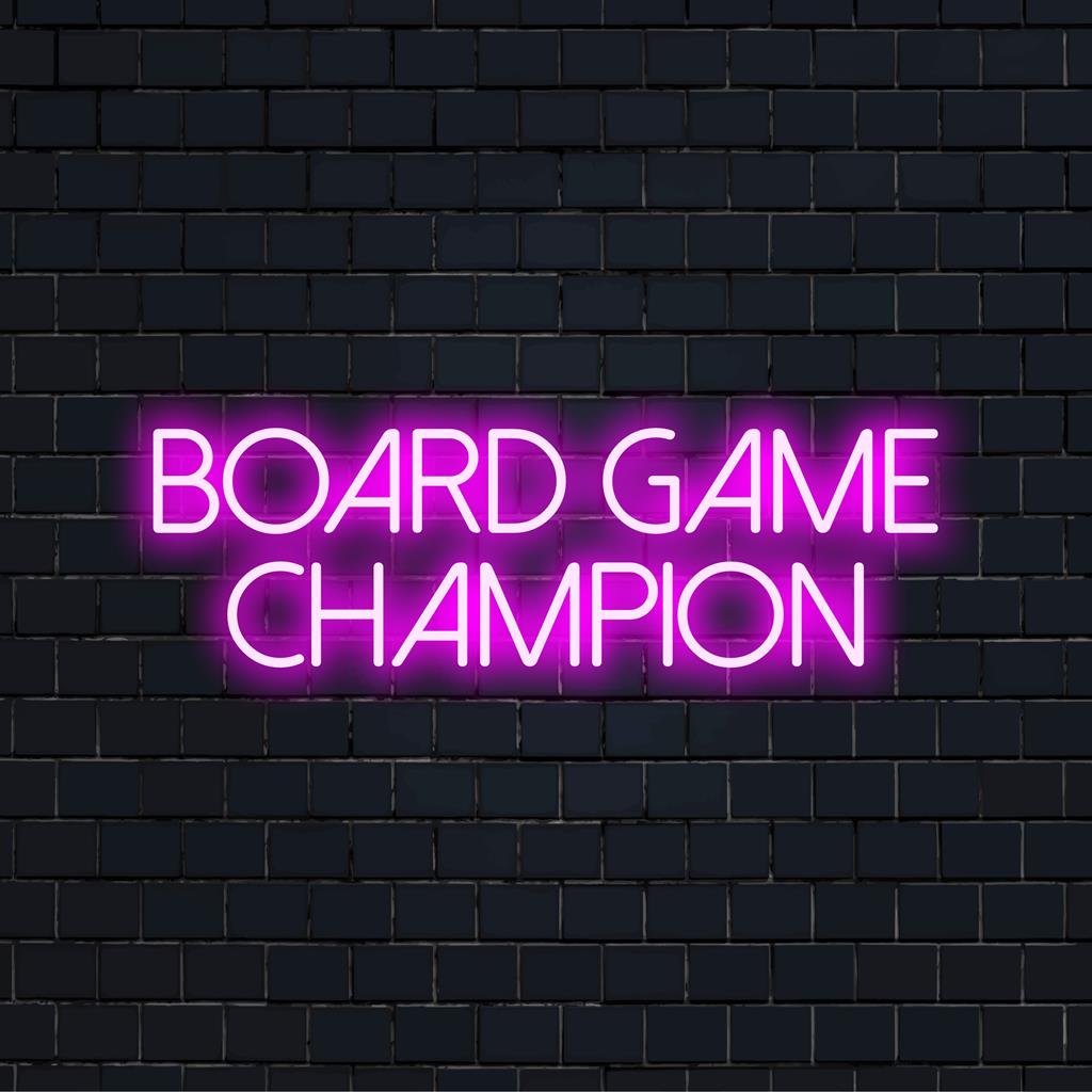 LED neonskylt med Board Game Champion upplyst i livfulla färger; perfekt anpassad inredning för spelentusiaster.