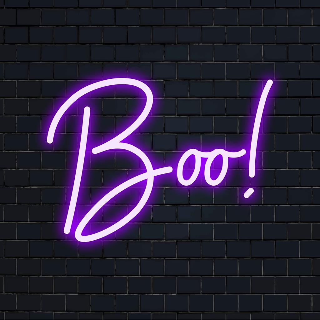 LED neonskylt med Boo! text i ljusa nyanser, perfekt för att lägga till en lekfull och spöklik touch till alla utrymmen.