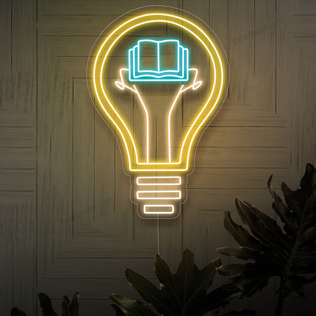 "Book Lightbulb Neon Sign" - Ett intellektuellt neonljus med kombinationen av en bok och en glödlampa, som ger inspiration och en kärlek till litteratur i din läshörna eller bibliotek.