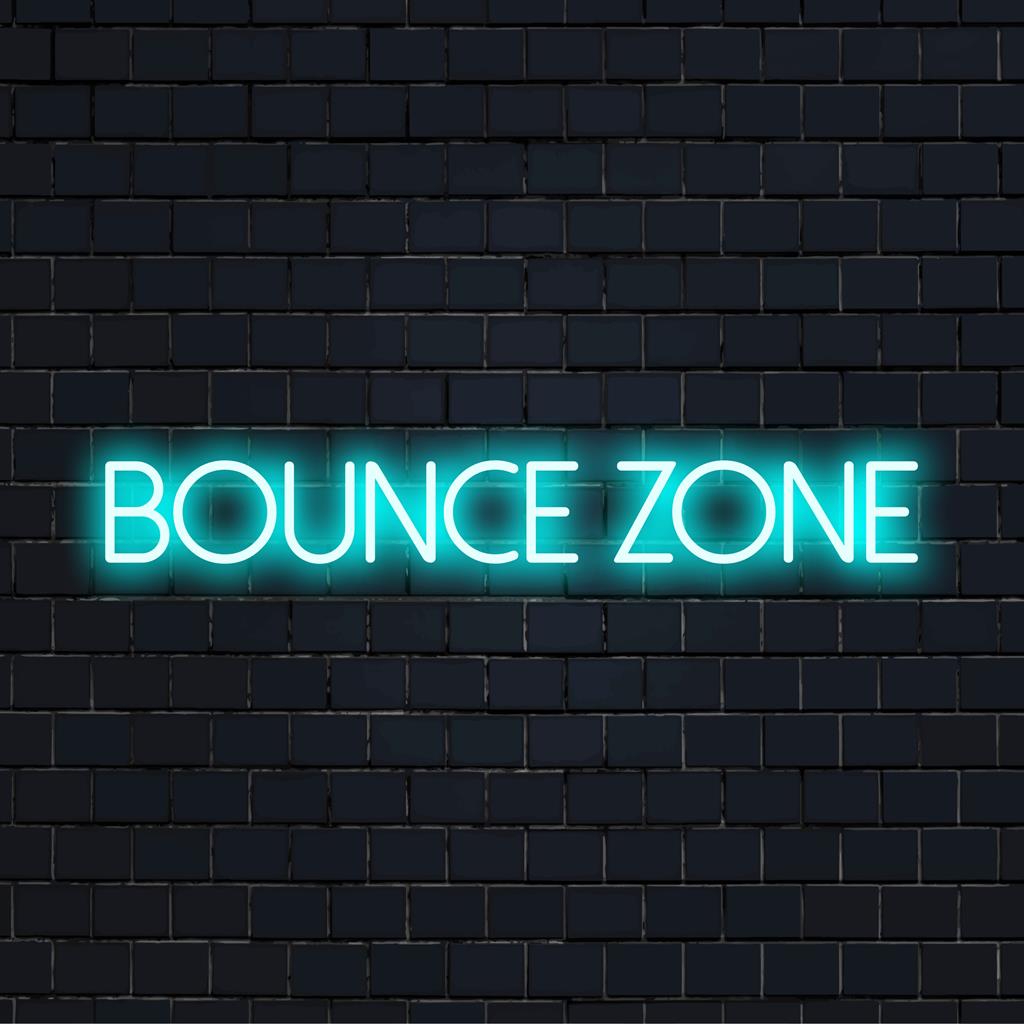 Bounce Zone LED neonskylt glödande i livfulla färger, perfekt skräddarsydd ljusinredning för lekfulla och livliga utrymmen.