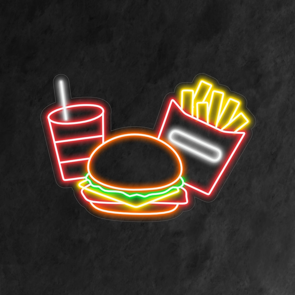 "Burger, Fries, and Drink Neon Sign" - Ett aptitretande neonljus med de ikoniska symbolerna för en hamburgare, pommes frites och en drink, som ingjuter en atmosfär av läckerhet och en kärlek till klassiska snabbmatsfavoriter i din restaurang eller snabbmatslokal.