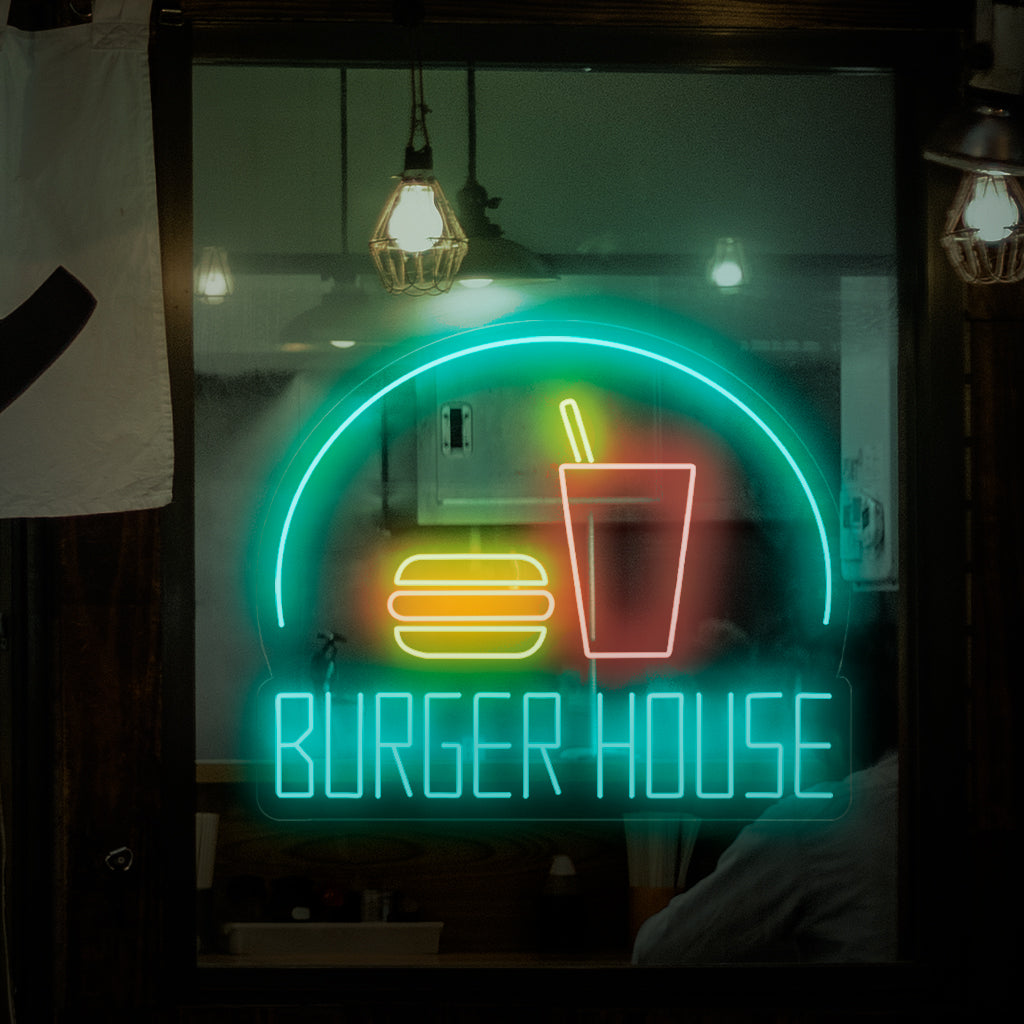 "Burger House Neon Sign" - Ett livligt neonljus med orden "Burger House", som ingjuter energi och en kärlek till läckra hamburgare i din hamburgare eller restaurang.