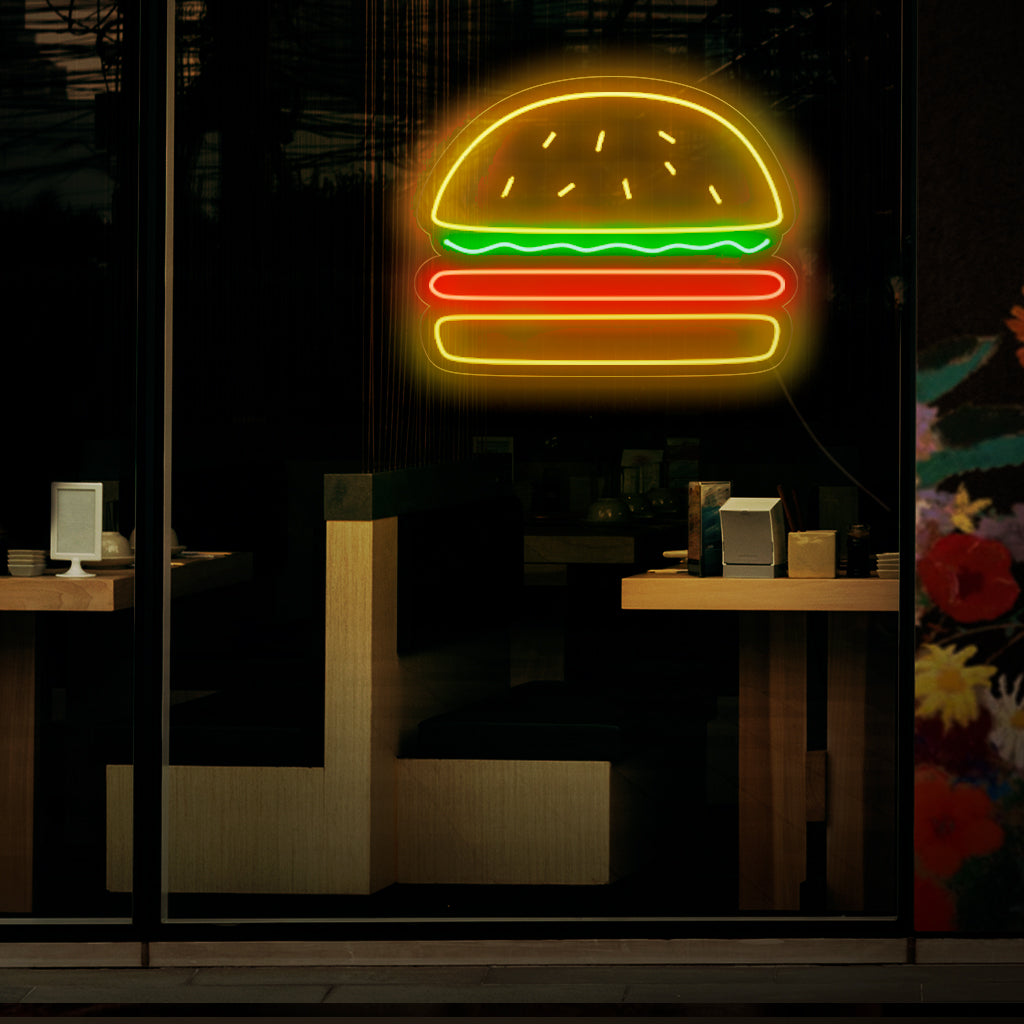 "Burger Neon Sign" - Ett aptitretande neonljus med den ikoniska symbolen för en hamburgare, som ingjuter en atmosfär av läckerhet och en kärlek till klassiska snabbmatsfavoriter i din hamburgare eller restaurang.