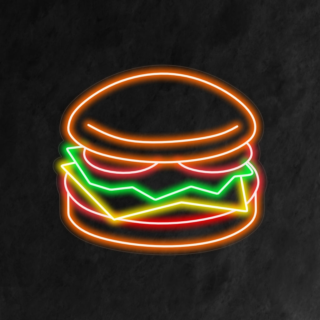 "Burger Neon Sign" lyser upp ditt utrymme med en aptitretande neonrepresentation av en klassisk hamburgare. Perfekt för att lägga till en touch av retro dinercharm till ditt kök eller restaurang.