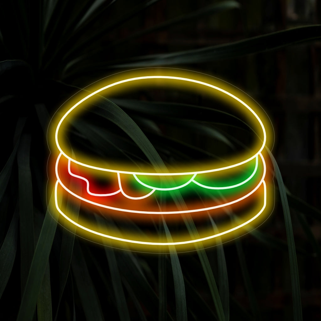 "Burger Neon Sign" är ett härligt tillägg till restauranginredningen, med den konstnärliga representationen av en enda hamburgare. Lys upp ditt utrymme med den inbjudande glöden från detta neonljus, perfekt för att skapa en aptitretande atmosfär.
