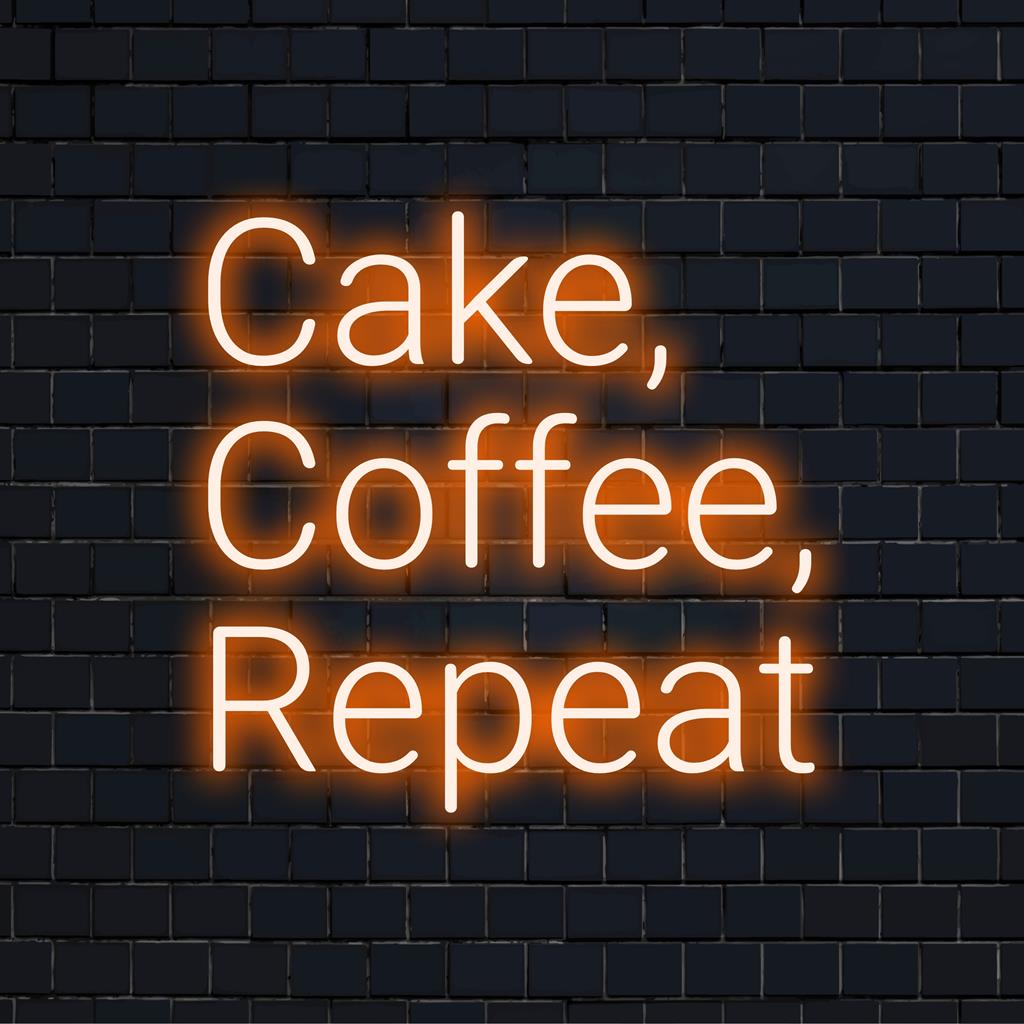 Anpassad LED neonskylt med frasen Cake, Coffee, Repeat i livfulla färger; perfekt för modern väggdekoration.