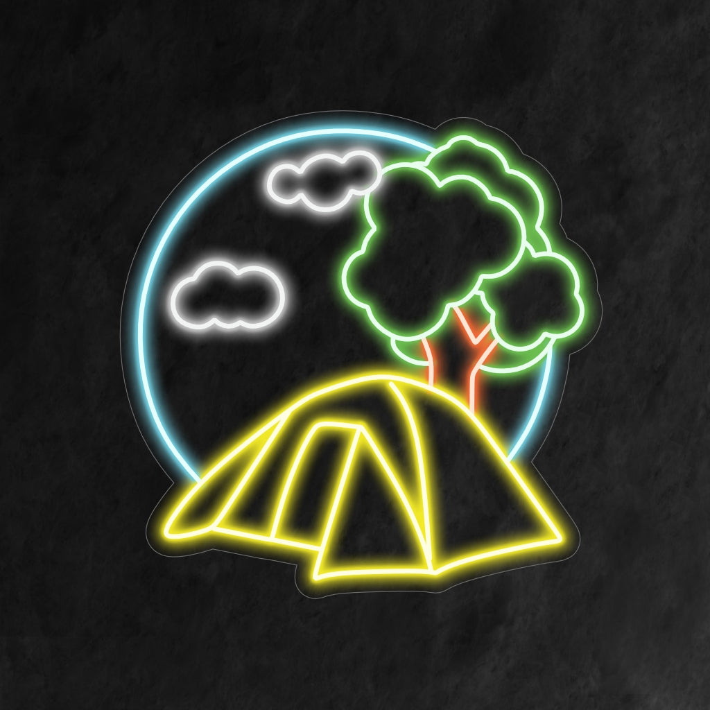 "Camping Neon Sign" lyser upp ditt utrymme med en mysig lägereld och tältikon, som fångar campingens äventyrliga anda. Perfekt för att skapa en varm och utomhusmiljö i alla miljöer.