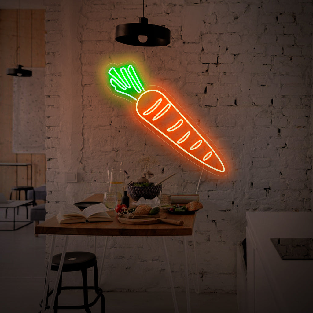 "Carrot Neon Sign" - Ett lekfullt neonljus med den nyckfulla symbolen för en morot, som skapar en livlig atmosfär och hyllar en kärlek till färskvaror i ditt kök eller inredning med grönsakstema.