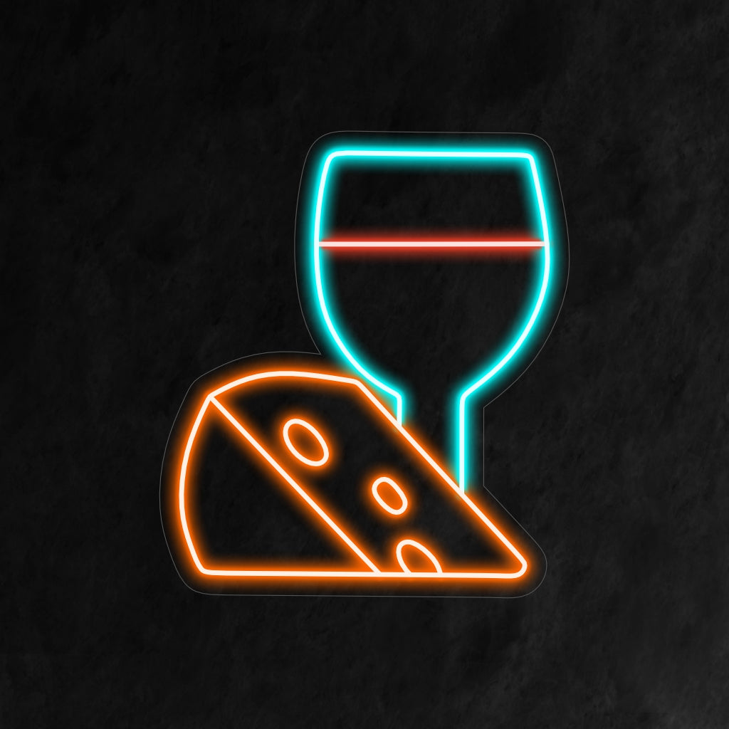 "Cheese With Wine Neon Sign" ��� Ett smakfullt och sofistikerat neonljus som visar upp den härliga kombinationen av ost och vin, vilket ger värme och charm till ditt kök eller matsal.