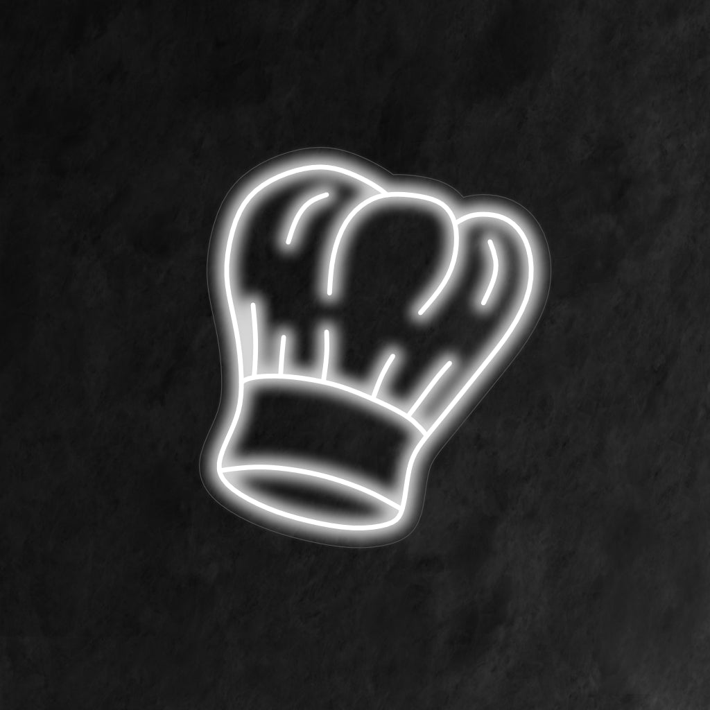 "Chef Hat Neon Sign" ��� Ett kulinariskt och elegant neonljus som visar en klassisk kockhattsdesign, vilket ger värme och karaktär till ditt kök eller restaurangstämning.