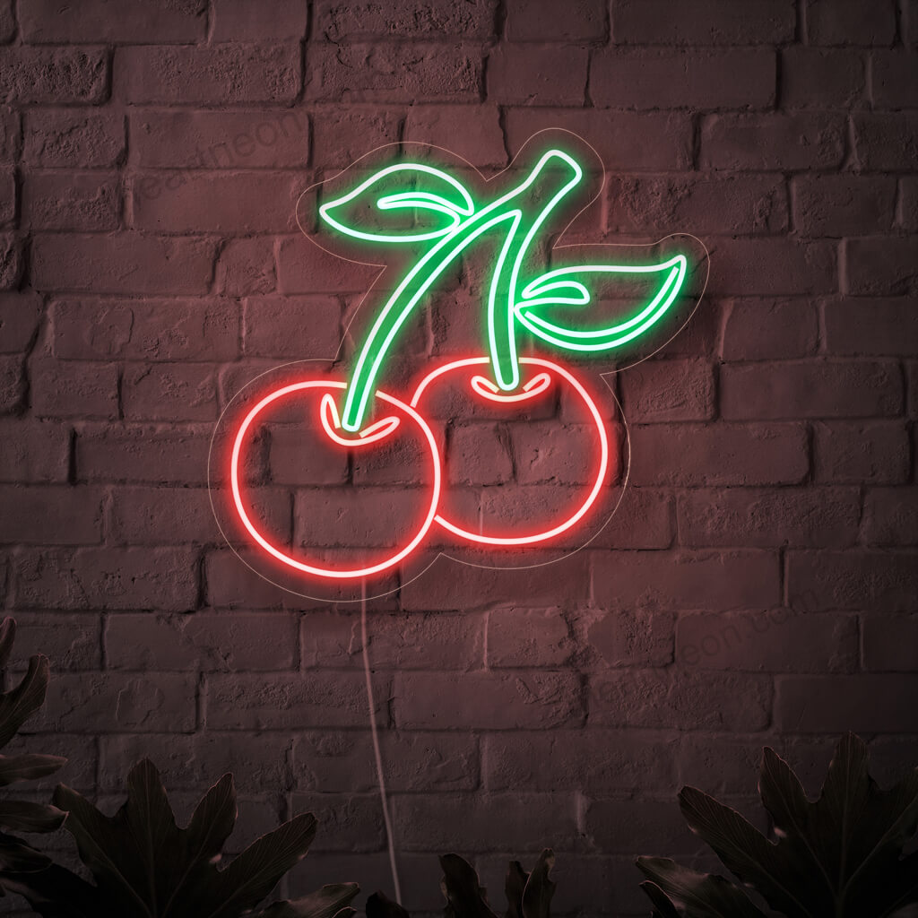 "Cherry Neon Sign" ��� Ett sött och levande neonljus som visar upp läckra körsbär som ger fruktig charm och värme till ditt utrymme.