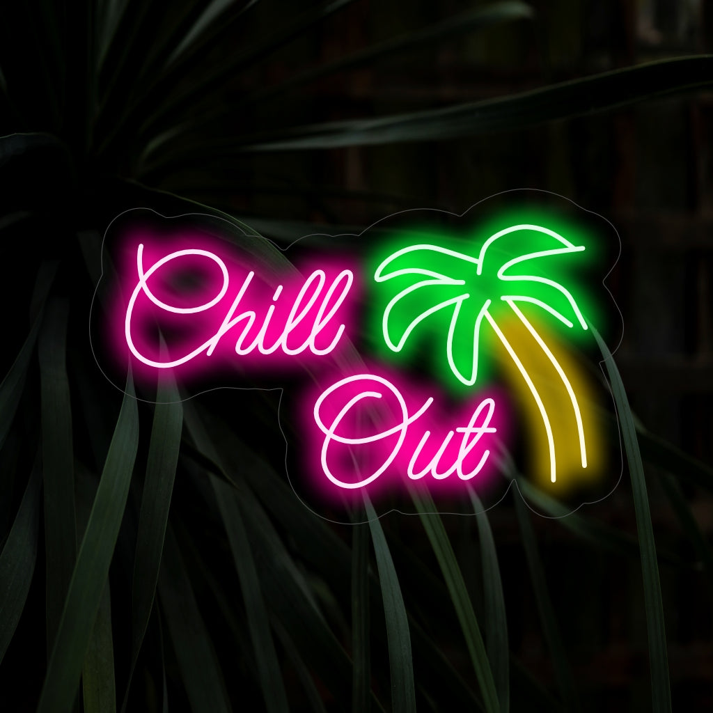 "Chill Out Neon Sign" ��� Ett avslappnat och inbjudande neonljus som visar orden "Chill Out", vilket skapar en cool och avkopplande atmosfär i ditt utrymme med sin eleganta och moderna design.
