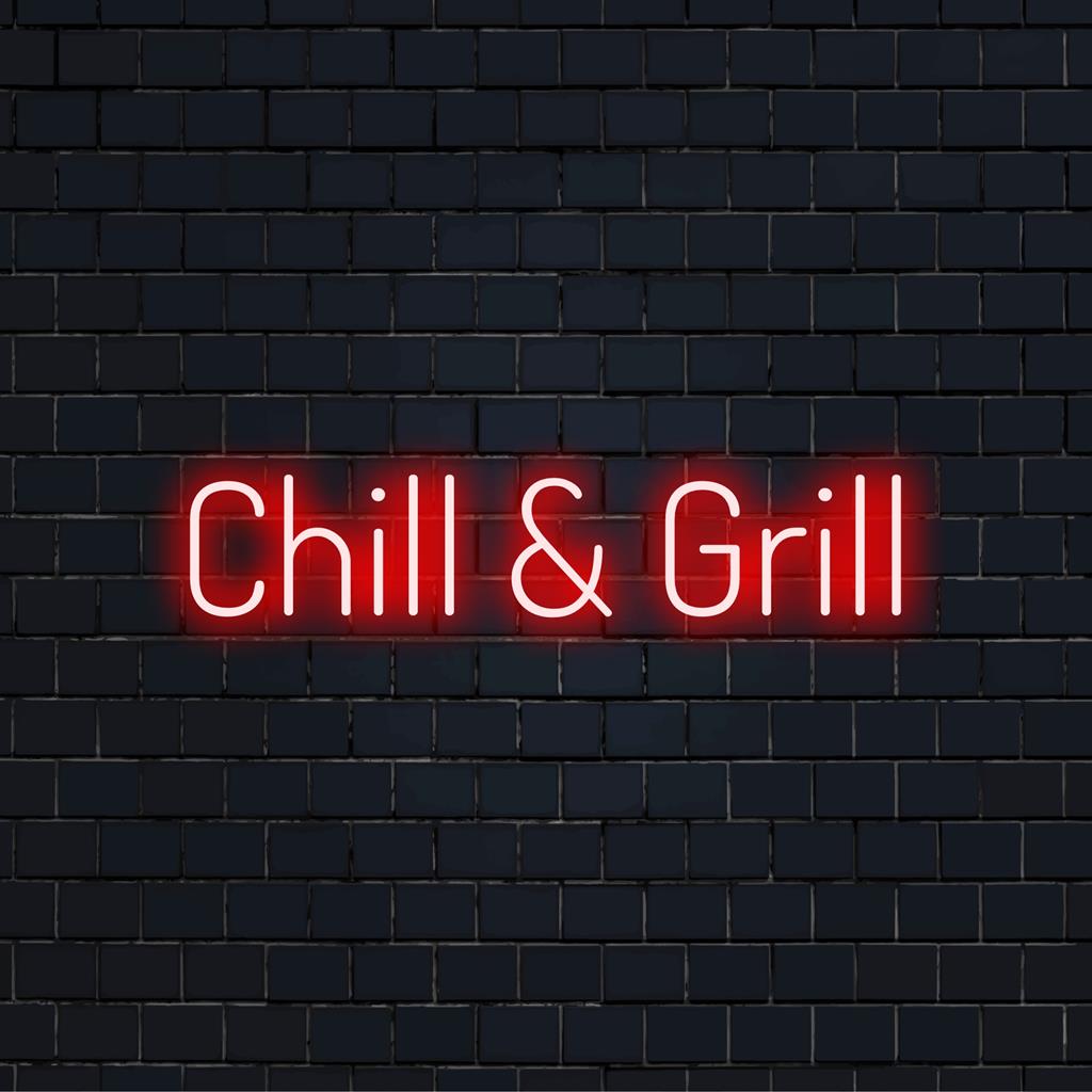 Vibrant Chill And Grill LED neonskylt, perfekt för att lägga till personlig neonljusdekor till alla utrymmen.