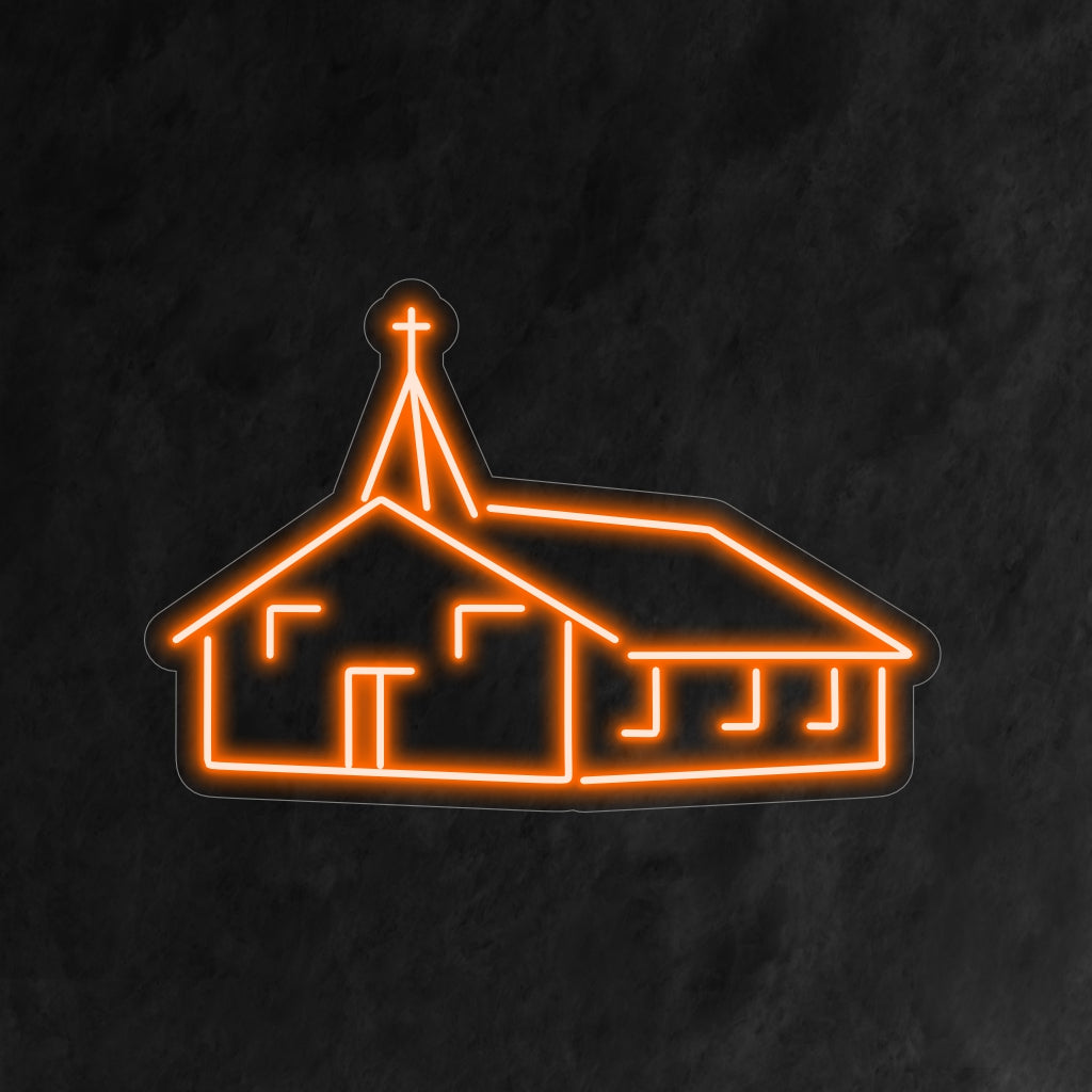 "Church Building Neon Sign" ��� Ett andligt och fridfullt neonljus som visar upp silhuetten av en klassisk kyrkobyggnad, som ger ditt utrymme lugn och en kontemplativ atmosfär.