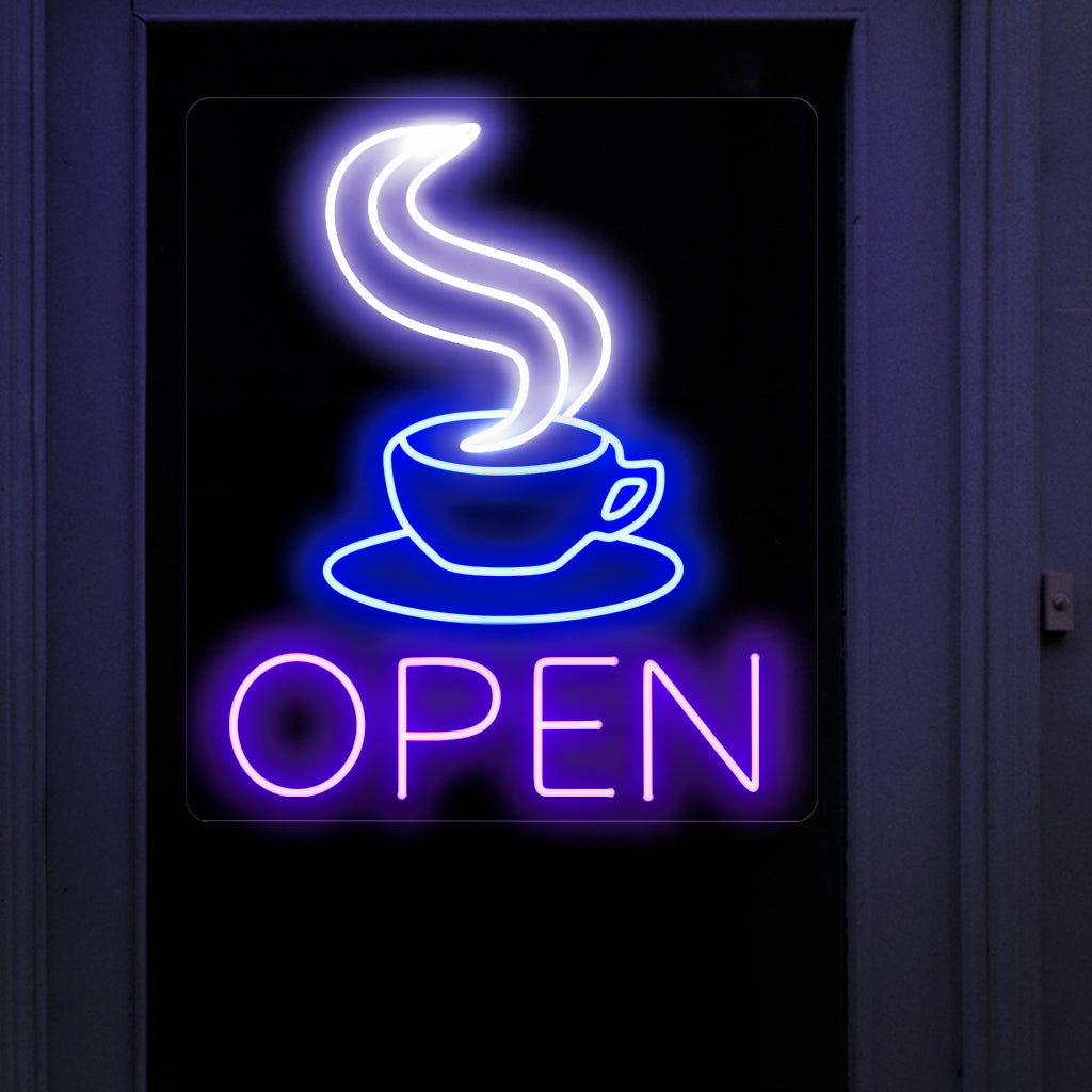 "Coffee Cup Open Neon Sign" ��� Ett välkomnande och koffeinrikt neonljus som visar upp en öppen kaffekoppsdesign, som ger ditt kafé eller mysiga hörn en varm och inbjudande atmosfär.