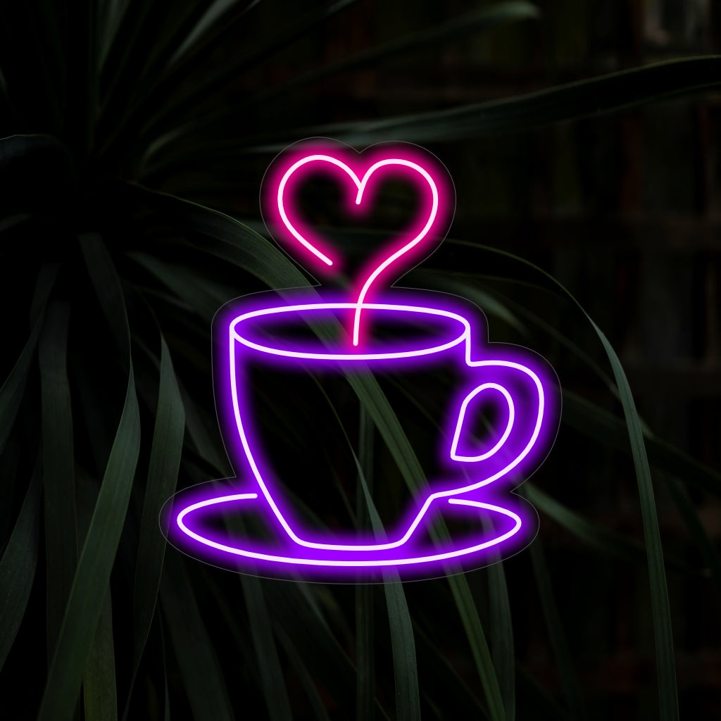 "Coffee Cup With Heart Smoke Neon Sign" ��� Ett romantiskt och aromatiskt neonljus som visar upp en kaffekopp med hjärtformad rök, som ger ditt kafé eller myshörna en charmig och inbjudande atmosfär.