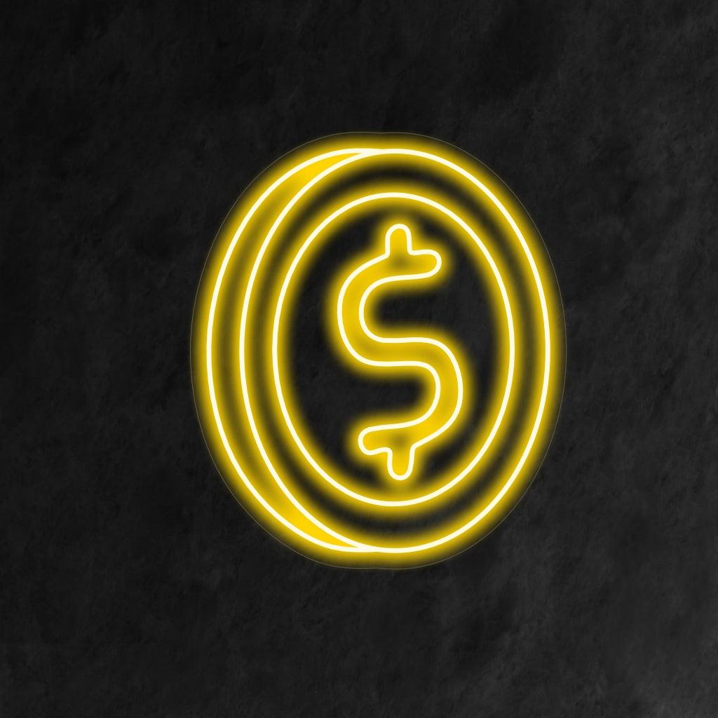 "Coin Neon Sign" ��� Ett elegant och mångsidigt neonljus som visar upp en enkel och ikonisk myntdesign, som ger ditt företag eller finansutrymme en modern och effektfull atmosfär.