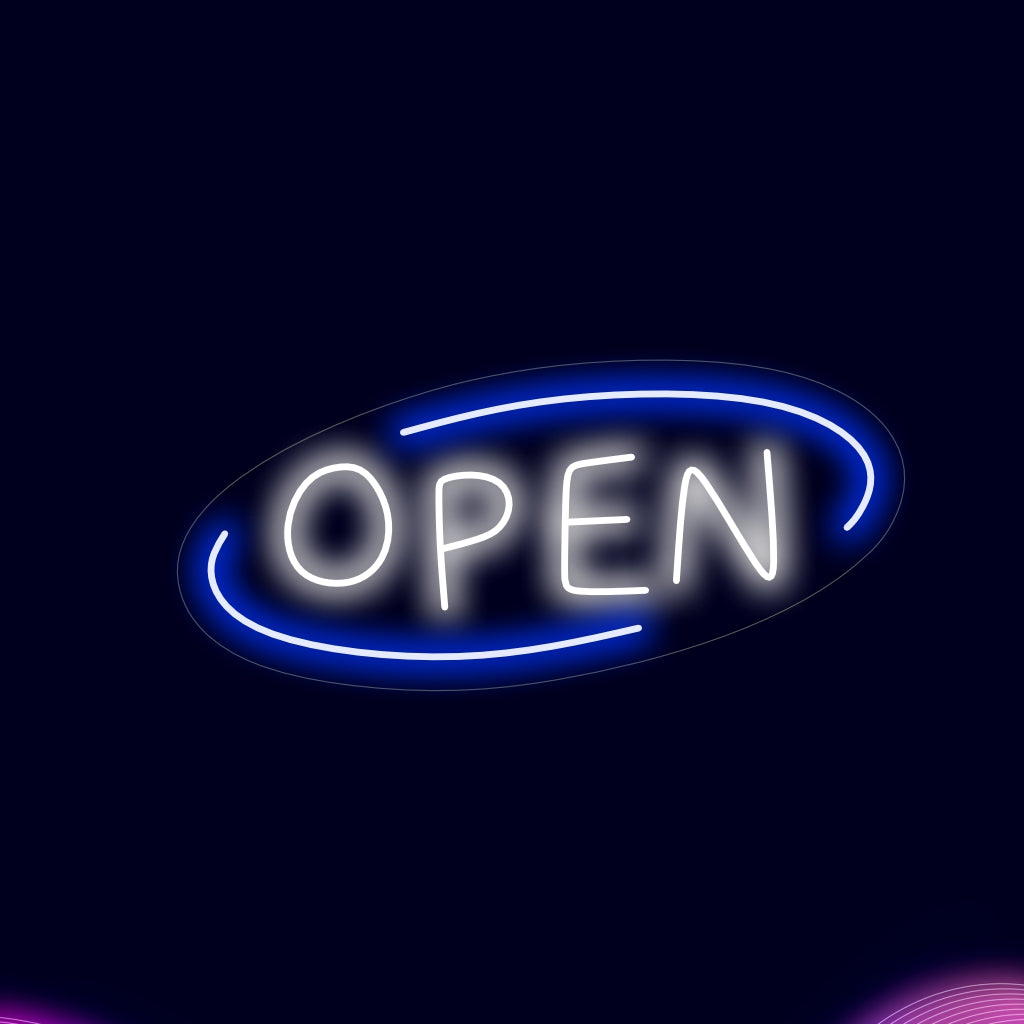 "Colorful Open Neon Sign" ��� Ett levande neonljus som visar "Open", som ger ditt skyltfönster en livlig och inbjudande atmosfär.
