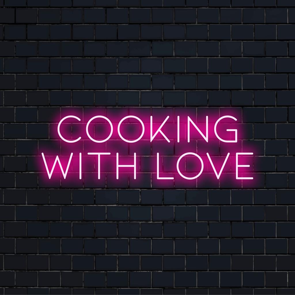 Anpassad LED-neonskylt som visar Cooking With Love i livfulla färger, perfekt för köksinredning eller presenter.