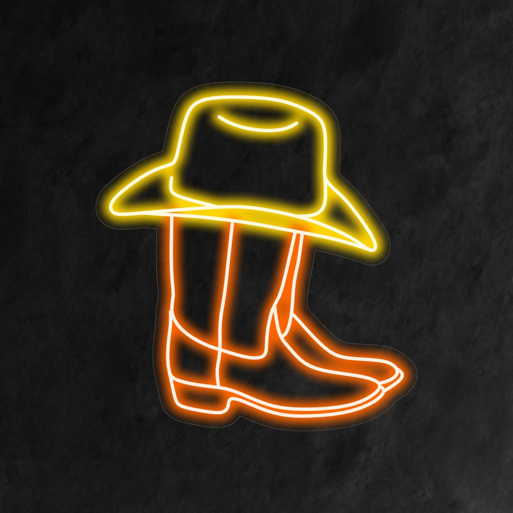 "Cowboy Boots And Western Hat Neon Sign" är ett fashionabelt tillägg till västerländsk inredning, med en snygg illustration av cowboystövlar med en westernhatt ovanpå. Lys upp ditt utrymme med den rustika charmen och lantliga belysningen i detta unika neonljus, vilket gör ett djärvt modestatement.