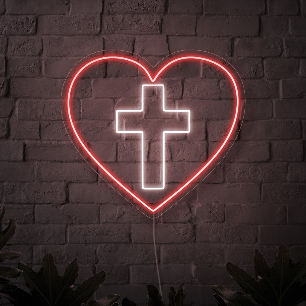 "Cross and Heart Neon Sign" ��� Ett andligt neonljus som visar upp ett symboliskt kors och hjärta, som ger ditt utrymme värme.