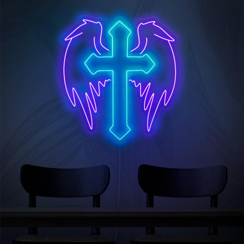 "Cross with Angel Wings Neon Sign" ��� Ett änglalikt och andligt neonljus som visar upp ett kors prydt med änglavingar, som ger ditt utrymme lugn och himmelsk charm.