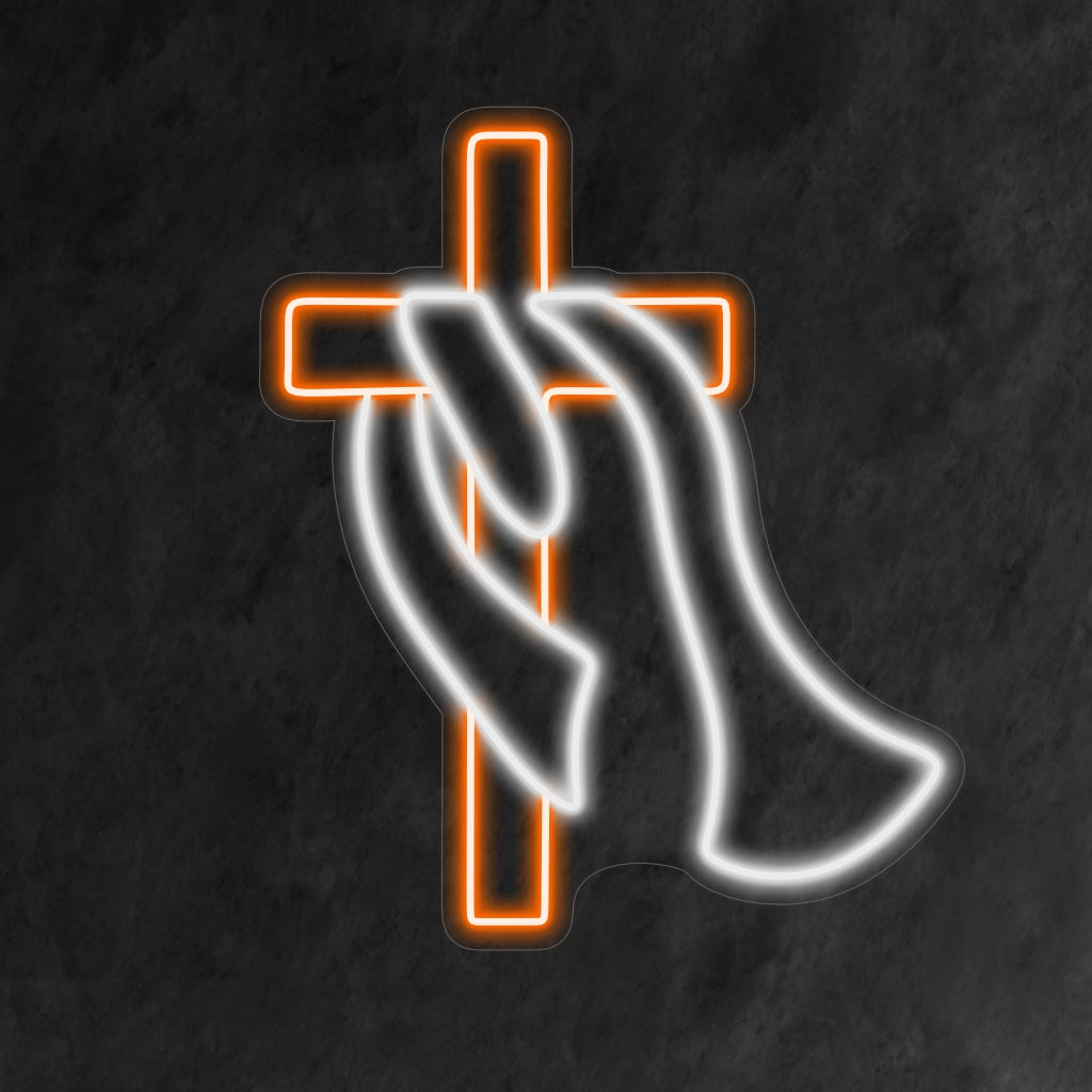 "Cross with Scarf Neon Sign" ��� Ett unikt och snyggt neonljus som visar upp ett kors prydt med en halsduk, som ger ditt utrymme liv och modern charm.