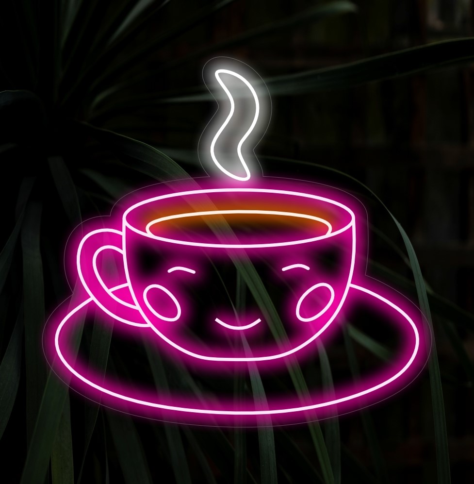 "Söt Happy Coffee Cup Neon Sign" har en förtjusande, leende kaffekoppdesign som ger en glad och inbjudande touch till din kaffehörna. Lys upp ditt utrymme med detta förtjusande neonljus för en mysig atmosfär.