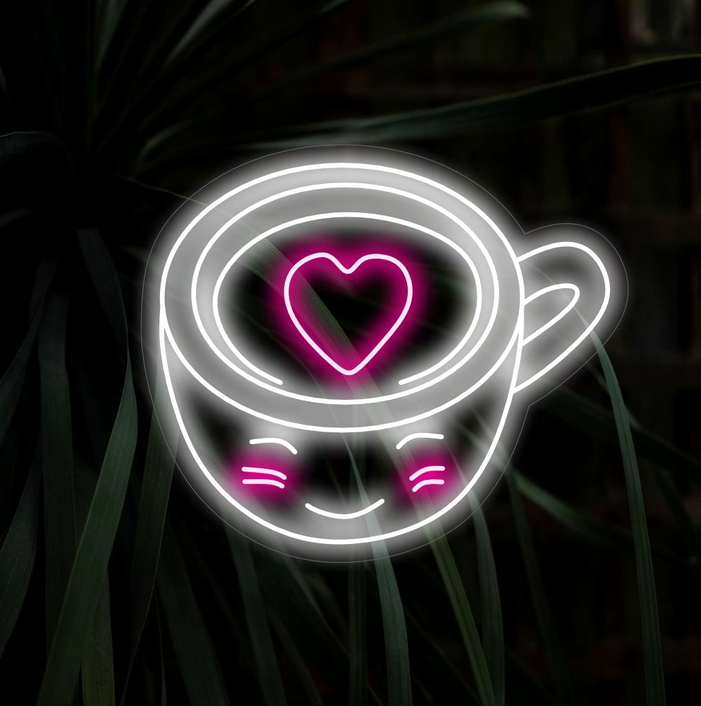 "Cute Happy Coffee Cup With Heart Neon Sign" lyser upp ditt utrymme med glädje, ett perfekt komplement till din kaffehörna.
