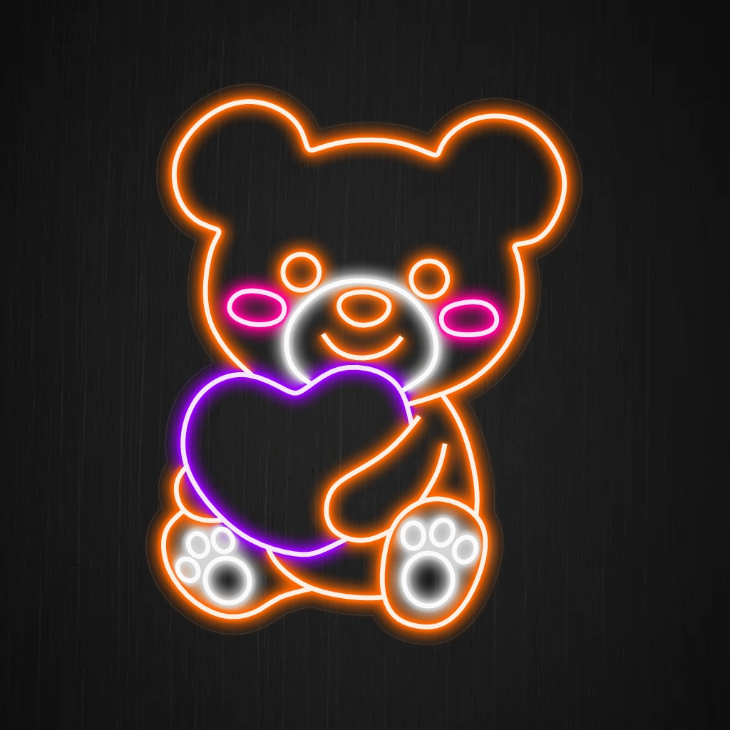 "Cute Teddy Bear Holding Heart Neon Sign" ��� Ett hjärtvärmande och bedårande neonljus som ger ditt utrymme tillgivenhet och förtjusande charm.