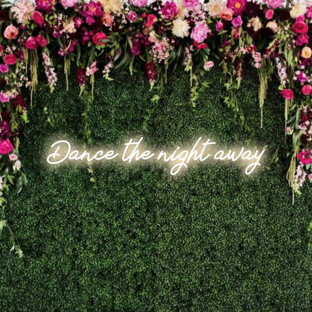 Anpassningsbar LED-neonskylt med Dance The Night Away-text för livfull inredning, perfekt för klubbar och dansentusiaster.