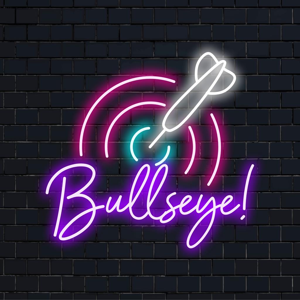 Färgglada Dart Bullseye LED Neonskylt som livfull neonljusdekor för spelrum och sportentusiaster.